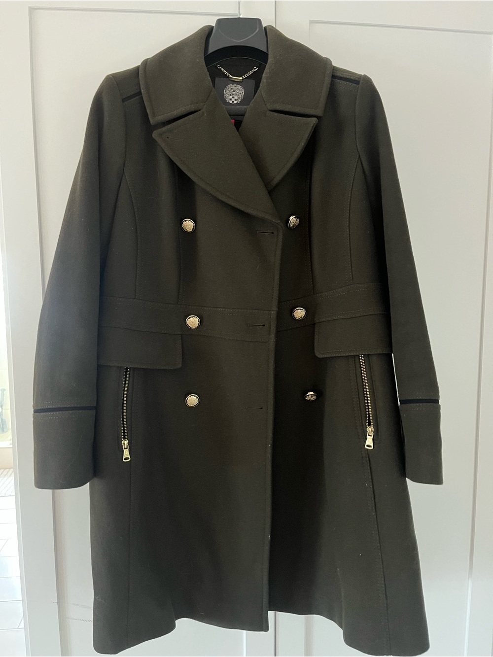 Vince Camuto Dark Olive Double-Breasted Pea Coat with Gold Buttons
